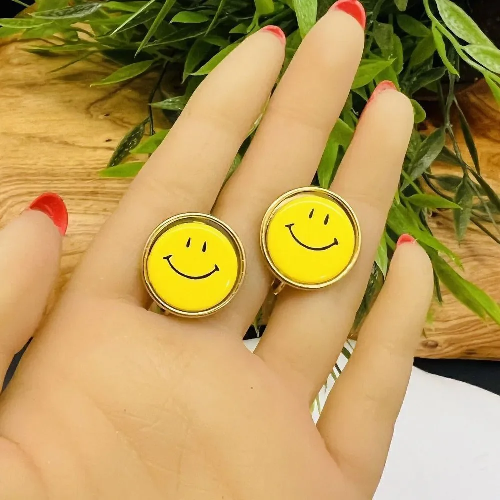 Vintage Yellow SMILEY FACE Button Gold Fun Cute Happy Joy Grin Earrings 1425